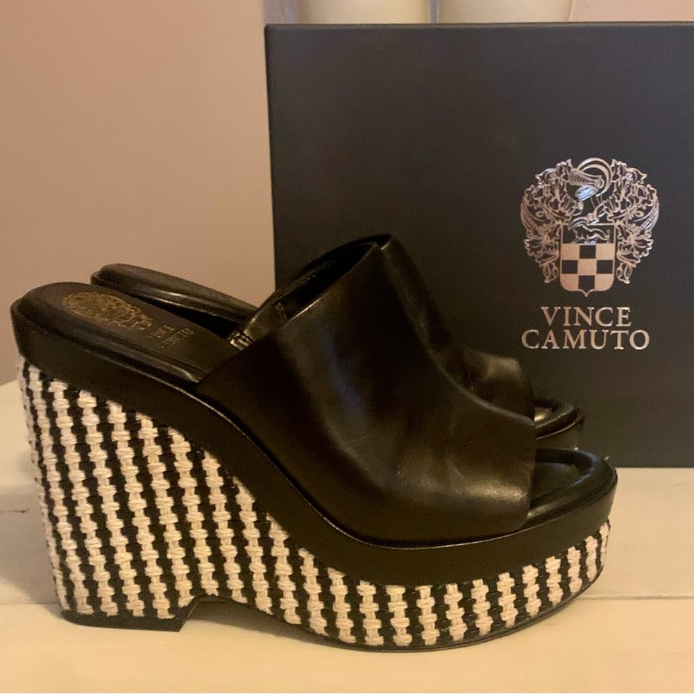 Vince Camuto Tweed Chanel Aesthetic Black and Beige Leather Wedge Mules